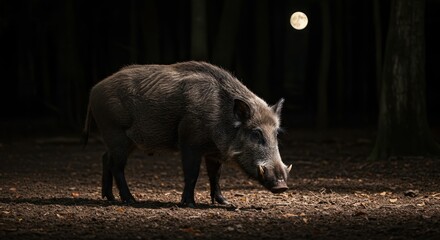 Wild Boar Under Moonlight In Forest At Night