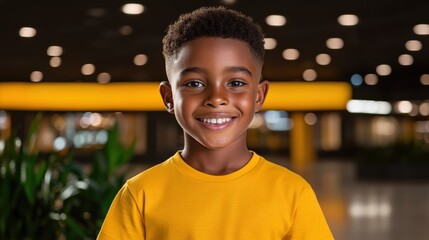 Naklejka premium Joyful Young Boy Smiling Brightly at the Camera in a Sunlit Outdoor Setting with a Cheerful Expression Capturing the Essence of Childhood Happiness
