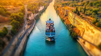 Container ship navigating a narrow canal at sunset.