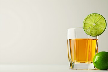 Refreshing Beverage with Lime Slice on Glass Against Soft Background