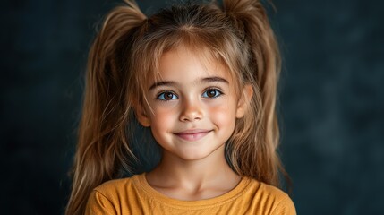 Joyful Little Girl with Ponytail Wearing Bright Yellow Shirt Radiating Happiness in Vibrant Outdoor Setting Surrounded by Lush Greenery and Sunshine