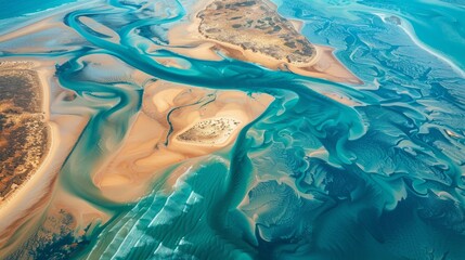 Aerial view of tidal dunes and water inlet Shark Bay Western Australia taken from a small plane