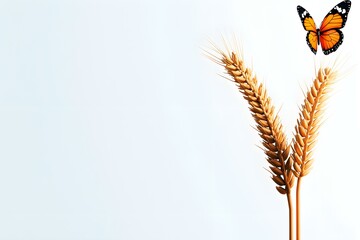 Delicate Monarch Butterfly Resting on Golden Wheat Stalks Against a Soft Blue Background