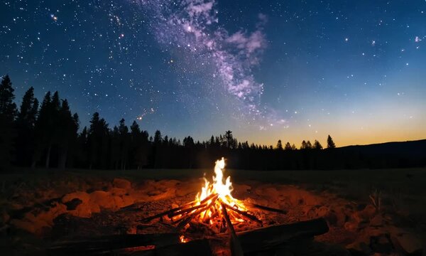 Exploring the wilderness in summer. A glowing camp fire at dusk providing comfort and light to appreciate nature, good times and the night sky full of stars.