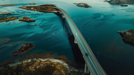 Aerial view Saltstraumen bridge in Norway road above sea connecting islands top down scenery transportation infrastructure famous landmarks scandinavian landscape