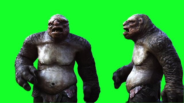Big ugly scary troll, goblin walk . Horror mystic concept. Realistic green screen 4k animation.