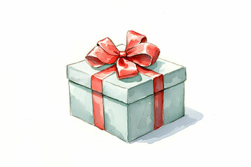 Obraz premium Hand-painted gift box with red ribbon and bow on a plain background for festive occasions and celebrations