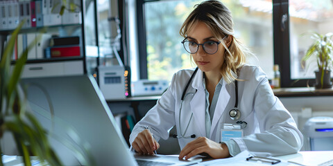 Female doctor working on a laptop in a bright office, Healthcare professional reviewing patient data online