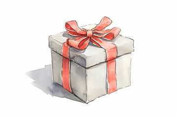 Obraz premium Hand-painted gift box with red ribbon, perfect for celebrations and special occasions, conveying joy and surprise
