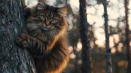 Fluffy longhair cat on tree, sunset.