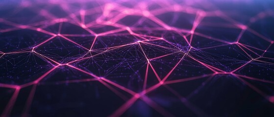 A close-up view of a digital network represented by interconnected lines and nodes, showcasing a vibrant color scheme of purple and pink, symbolizing technology and connectivity.