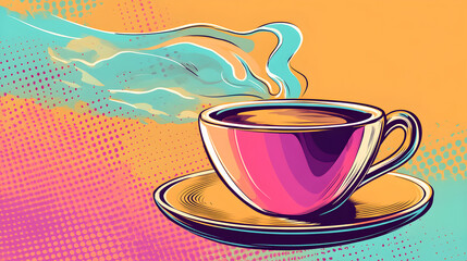 Steaming Hot Brew: Retro Comic Coffee Cup with Spiraling Steam on Crosshatch Canvas