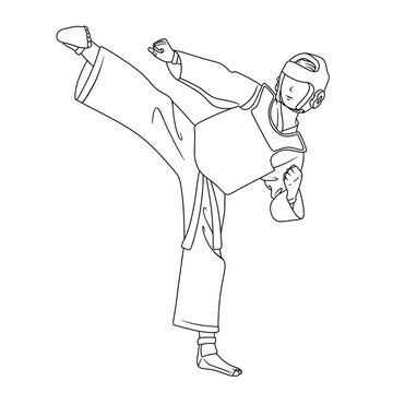 Male taekwondo athlete performs yeop chagi kick. Thin line illustration.