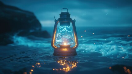 Glowing lantern on a dark, stormy ocean shore at night.