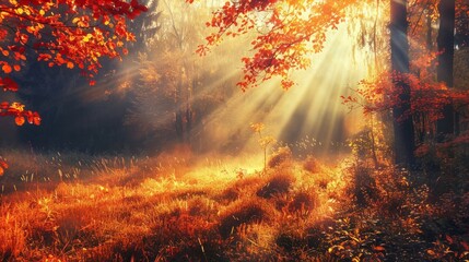 Autumn forest landscape. Colorful foliage on trees and grass shining on sunbeams. Amazing woodland. Scenery fall.