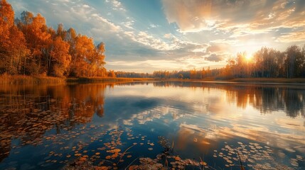 Autumn landscape on the lake at sunset time.