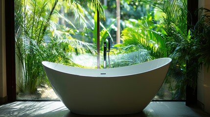 Serene Bathroom Oasis: Freestanding Tub with Lush Tropical View