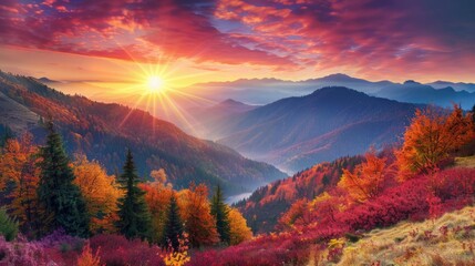 Autumn sunrise. Mountain landscape. Fall morning with vivid sky over beautiful valley.