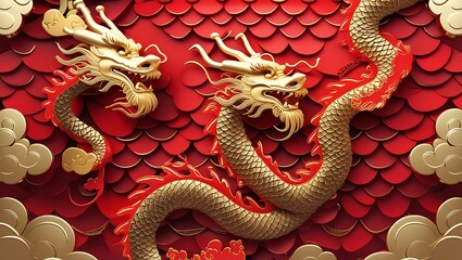 Obraz premium Two Golden Dragons on Red Scaled Background