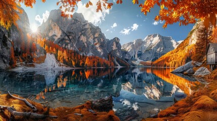 Awesome sunny autumn day in the dolomites, south tyrol, italy, at mountain lake surrounded by orange