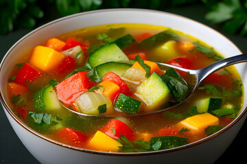 Fresh and Colorful Vegetable Soup with Chopped Ingredients and Garnish in White Bowl