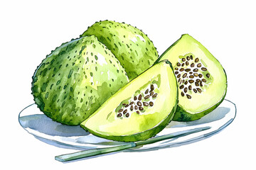 Freshly Sliced Green Melon on White Plate Surrounded by Whole Fruit in Watercolor Style Illustration