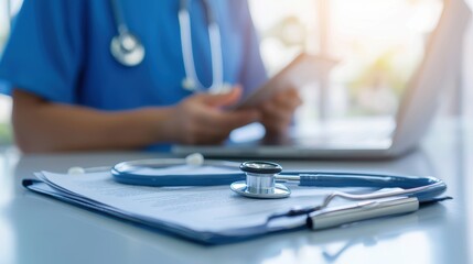 A close-up of a stethoscope and medical paperwork, with a healthcare professional using a laptop and smartphone in the background.