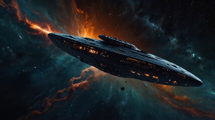 Obraz premium Starship Traveling Through A Cosmic Nebula