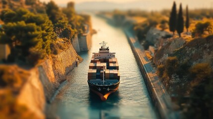 Cargo ship navigating a narrow canal at sunset.