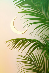 Obraz premium Soft green palm leaves framing a bright crescent moon on a pastel-colored background for a natural yet festive Ramadan feel