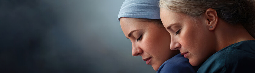 Obraz premium Two women embrace in a moment of quiet connection, showcasing compassion and understanding against a softly blurred background.