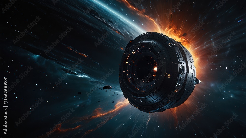 Wall mural spaceship emerging from warp speed near planet
