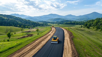 Fototapeta premium Construction Machinery on a Scenic Mountain Road