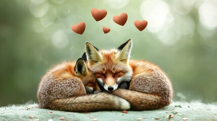 Fototapeta premium Two red foxes cuddling, hearts above.