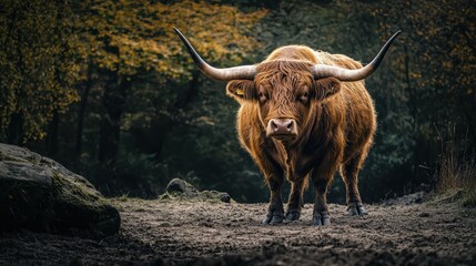 Majestic Highland Cow in Autumnal Woodland
