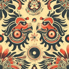 Fototapeta premium A vibrant pattern featuring stylized animal motifs and intricate designs.