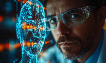 A researcher and an AI system co-developing a detailed molecular research model on a transparent