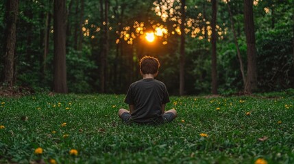 Person Sitting in a Lush Green Grass Field Surrounded by Nature Enjoying a Calm Peaceful Moment in a Beautiful Sunny Outdoor Environment
