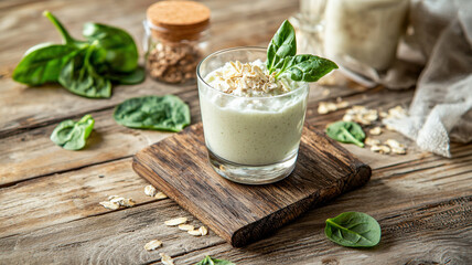 A vibrant green smoothie made with spinach, banana, and almond milk, served in a clear glass on a rustic wooden table, surrounded by fresh ingredients.