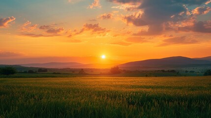 Beautiful blazing sunset landscape at over the meadow and orange sky above it