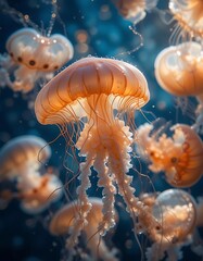 Obraz premium A Group Of Orange Jellyfish Swim Gracefully Underwater