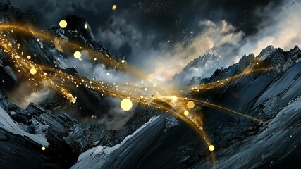 Abstract depiction of a mystical landscape with golden light trails against dark mountains