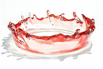 Red liquid splash with droplets on white background, dynamic crown shape and vivid color design for artistic visuals