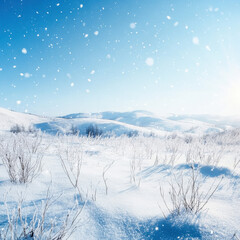 Fototapeta premium A serene frozen landscape under a bright, clear sky, with soft snowflakes gently falling over pristine white snow, creating a peaceful winter scene.