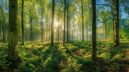 Beautiful forest panorama in spring with bright sun shining through the trees