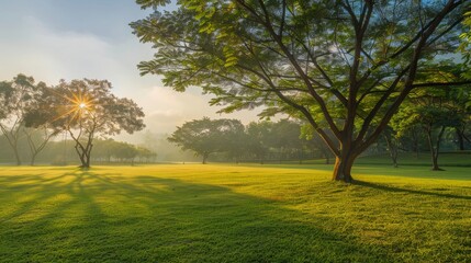 Obraz premium Beautiful landscape in park with tree and green grass field at morning.