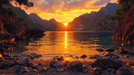 Breathtaking Sunset Over Tranquil Lake Surrounded by Majestic Trees and Rocky Outcrops Creating a Peaceful Natural Landscape at Dusk