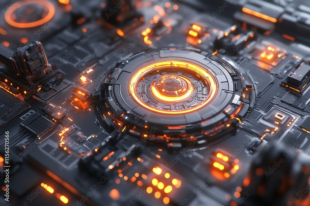 Poster a futuristic circuit board with glowing orange elements and intricate designs.