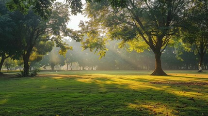 Fototapeta premium Beautiful landscape in park with tree and green grass field at morning.