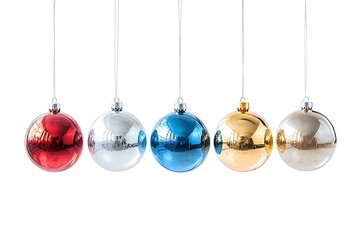 Obraz premium Collection set of five silver, blue, golden and red Chritmas balls hanging with a string